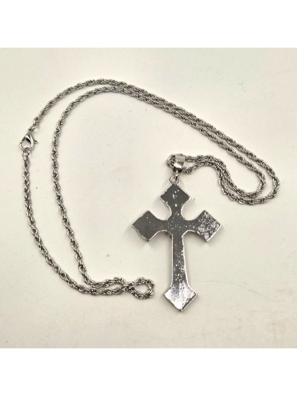 Silver-Tone Cross Necklace With Rhinestones & Rope Chain - Picture 2 of 4